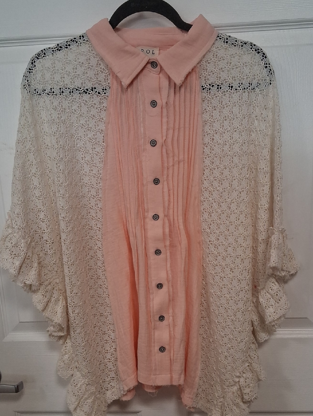 POL Peach Pink Front-Button Blouse with Cream Lace Overlay